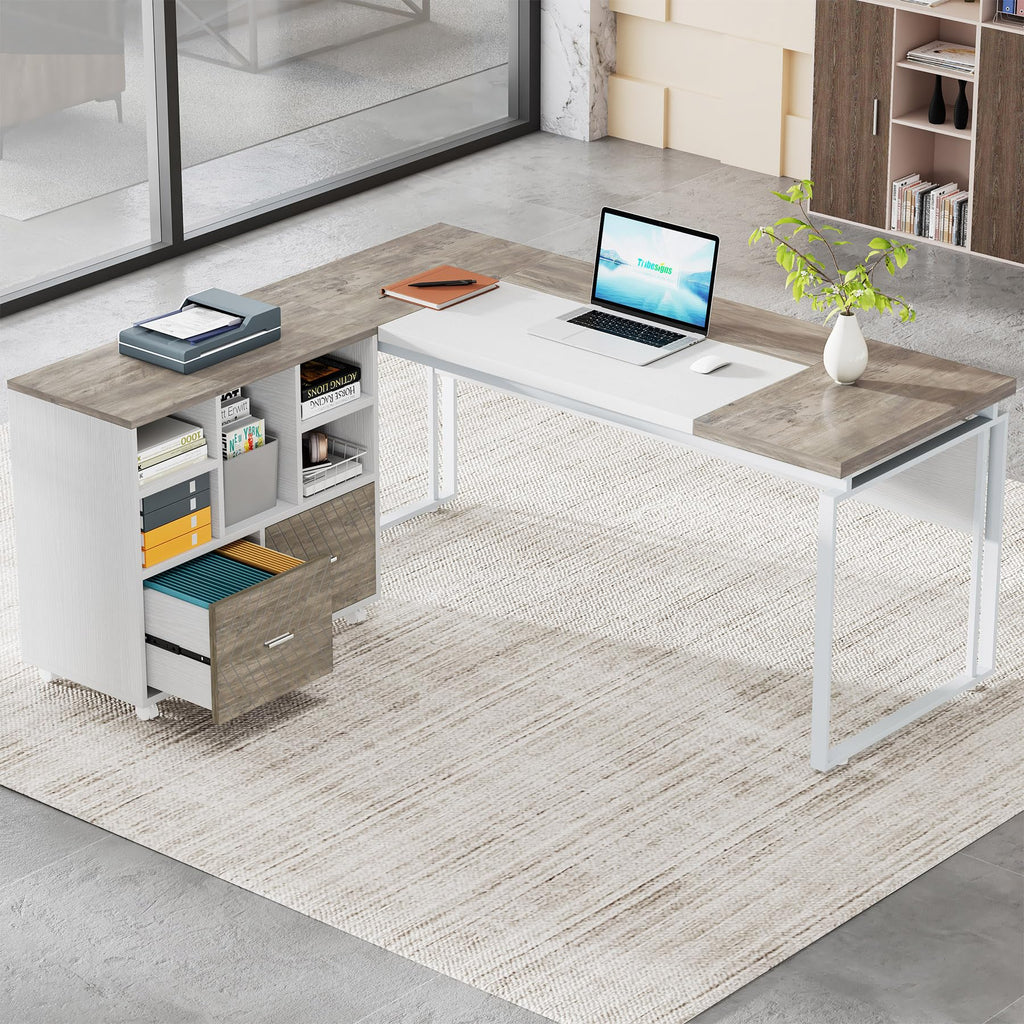 Tribesigns L-Shaped Executive Desk with Reversible File Cabinet, 63" Office Desk with Storage Drawers, Computer Desk Set (Oak Karo & White)