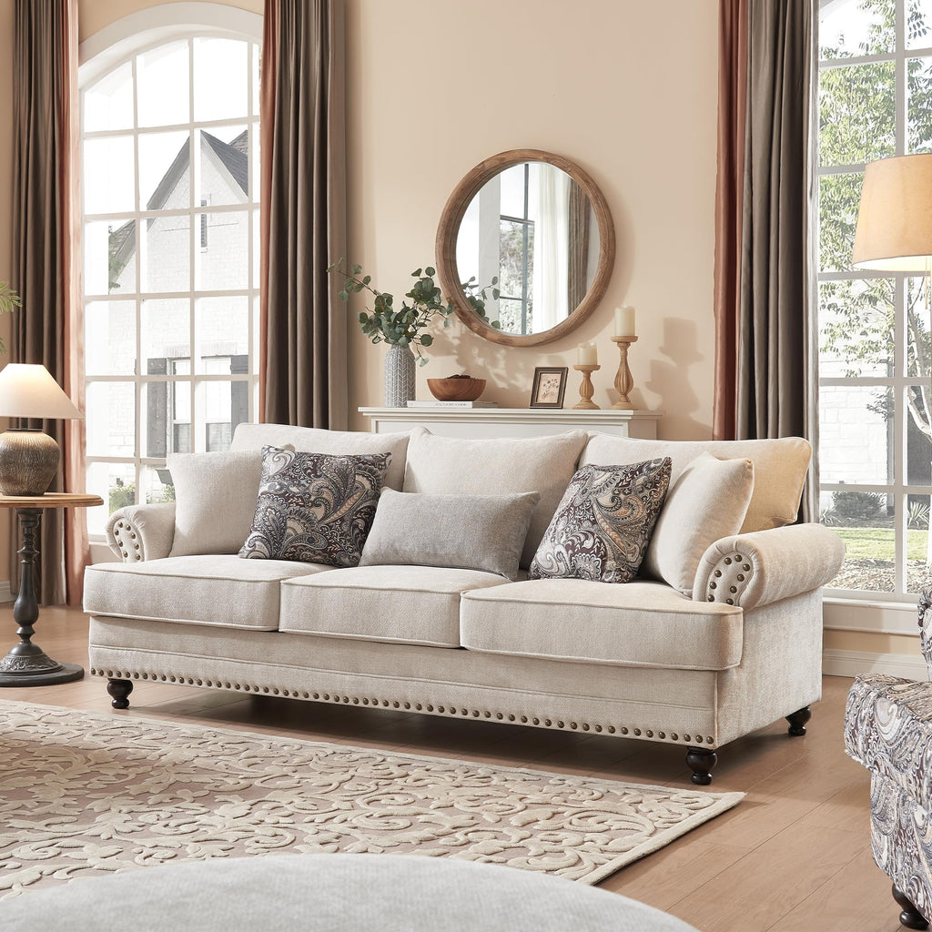 Modern Farmhouse Loveseat Sofa, Chenille Upholstery with Nailhead Trim, Small Couch for Living Room, Bedroom, Office, or Apartment, Includes 4 Accent Pillows