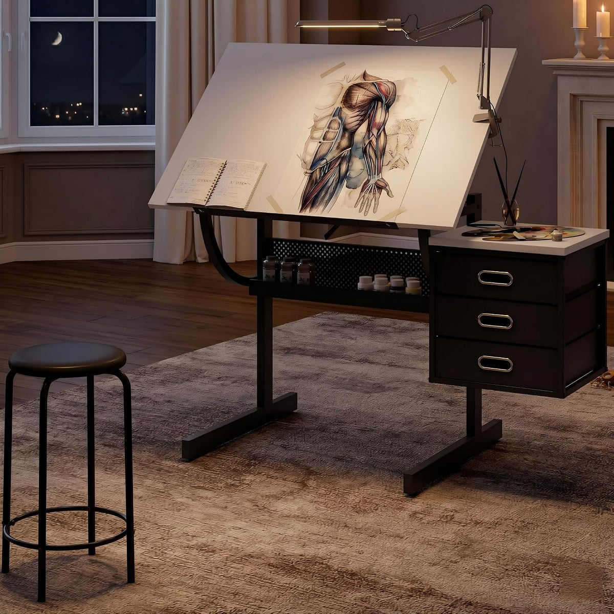 Adjustable Drawing Table with 3 Drawers & Stool, for Art & Work