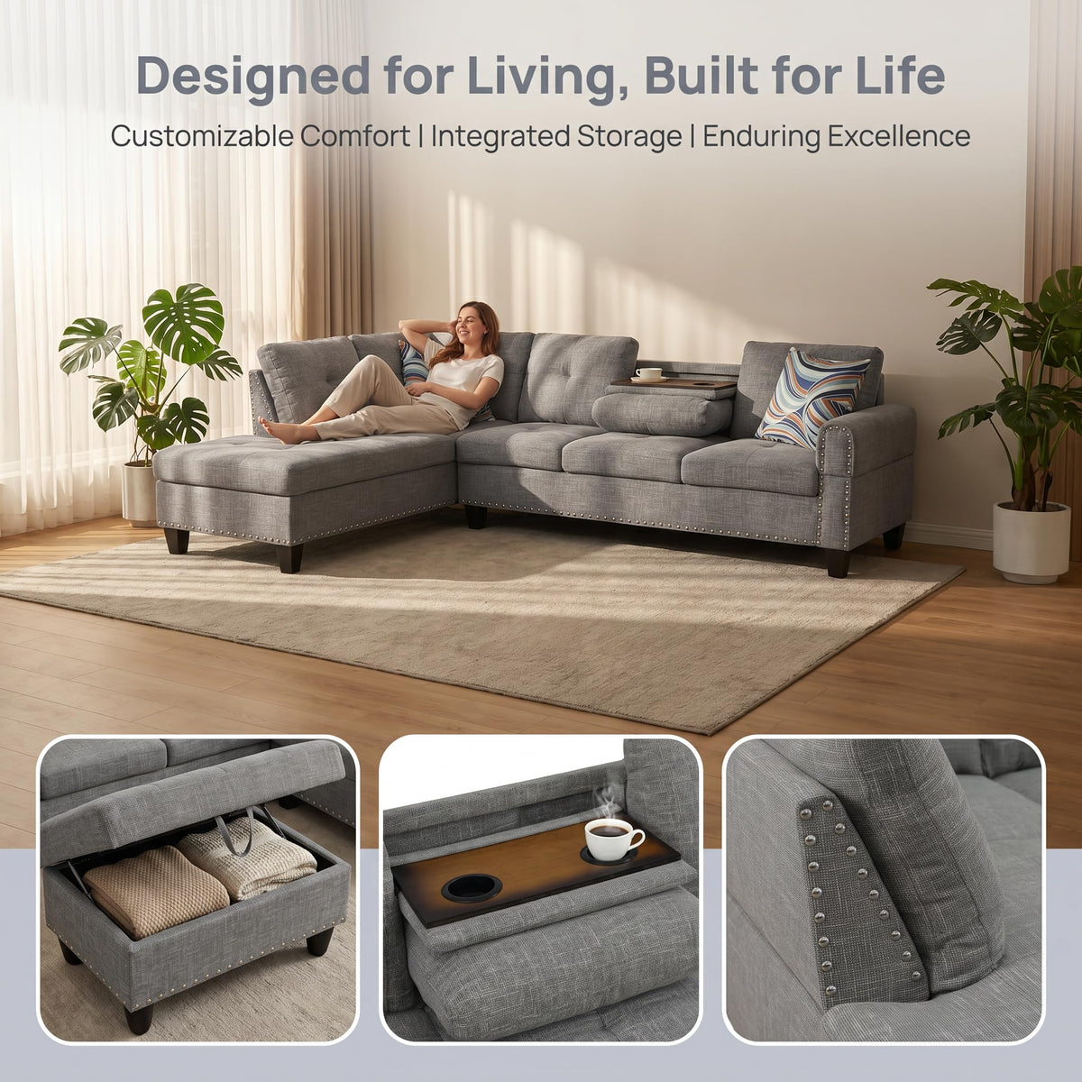 97.5" Leather L Shaped Couch with Left Chaise & Cup Holder, Sectional Sofas Modular Furniture Set with Storage Ottoman, Convertible Couches for Living Room, Office & Small Space (Black)