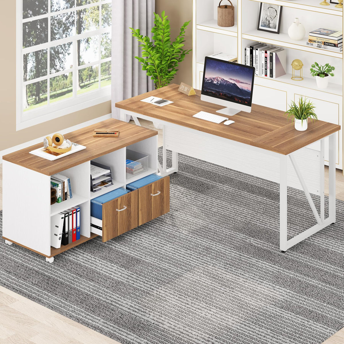 Tribesigns 55 inches Executive Desk and 43" lateral File Cabinet, L-Shaped Computer Desk Home Office Furniture with Drawers and Storage Shelves, Office Table with Cabinet