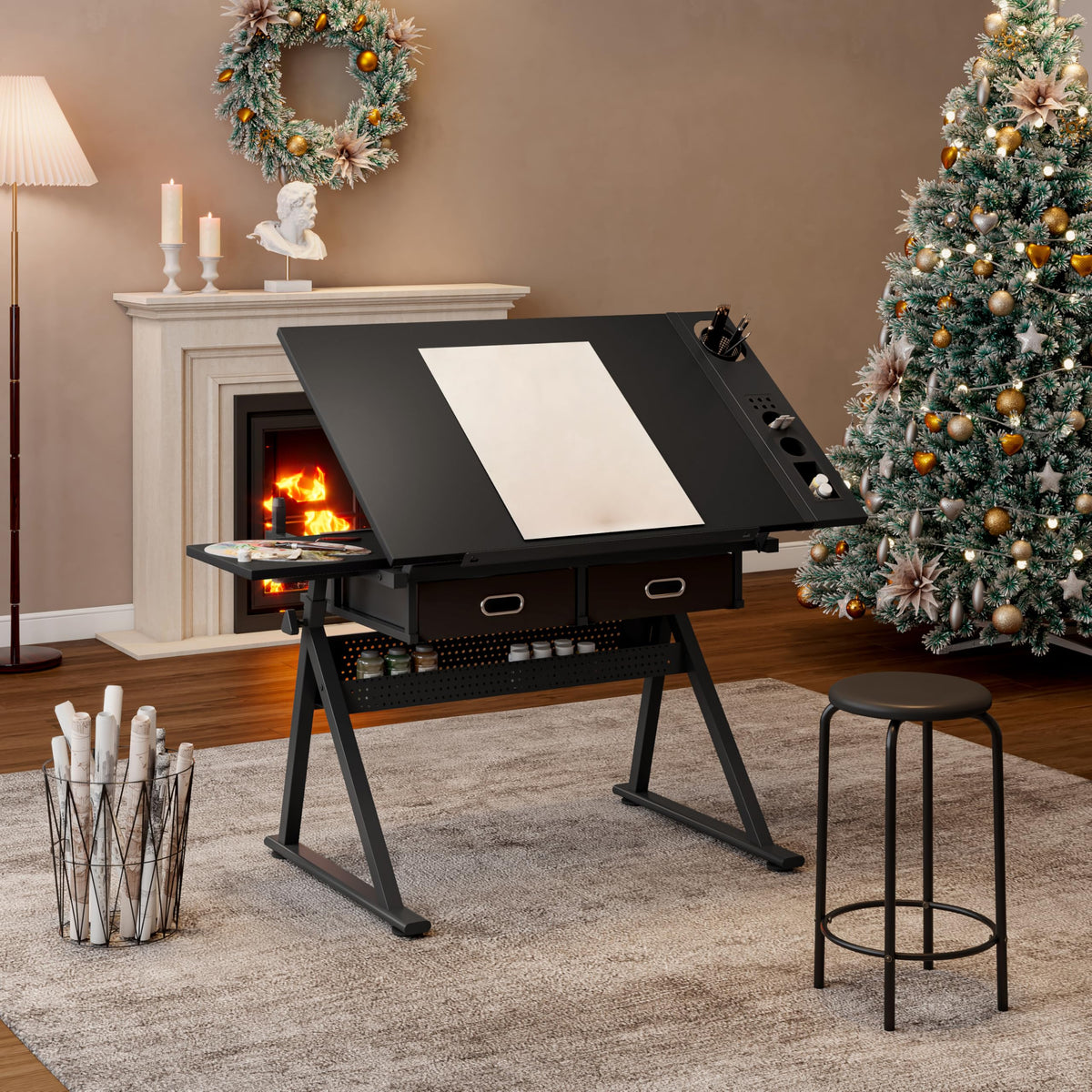 Adjustable Drafting Table with Stool, 0-75Â° Tilting Art Desk, White