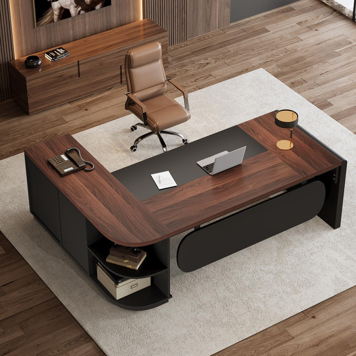 Tribesigns 81-Inch L-Shaped Office Desk, Large Commercial Office Desk with Drawers and File Cabinet, Modern Professional Business Furniture Workstations with Storage Shelves, Brown & Black