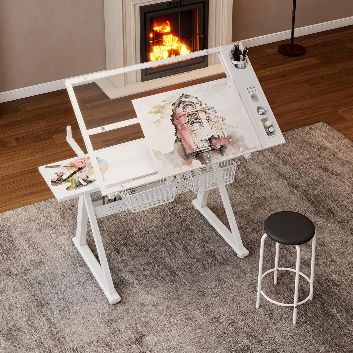 Height Adjustable Drafting Art Table for Adults, White Tempered Glass Drafting Drawing Printing Table Desk with Stool, 0-75Â° Tilting Tabletop Art Drawing Table for Drawing,Hand Crank
