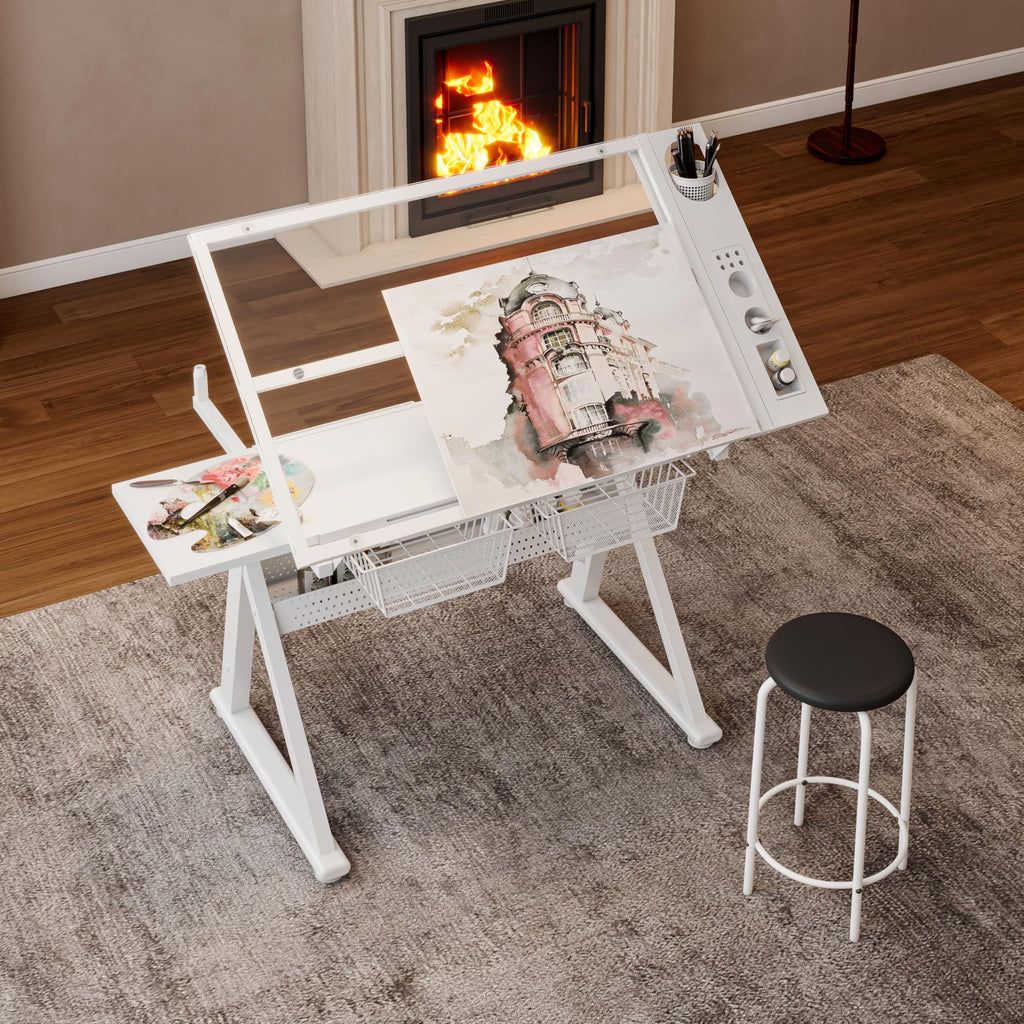 Adjustable Drawing Table for Artists | Drafting Desk with Tilted Glass Top | Art & Craft Table for Adults (Black, Classic Pro-27.16''- 35.82'' H)