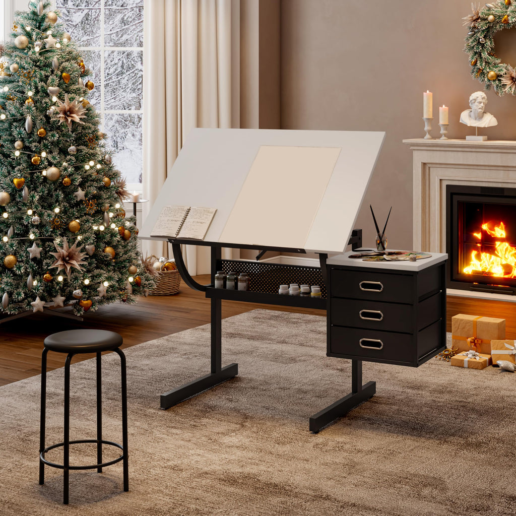 Adjustable Drafting Table with Stool, 0-75Â° Tilting Art Desk, White