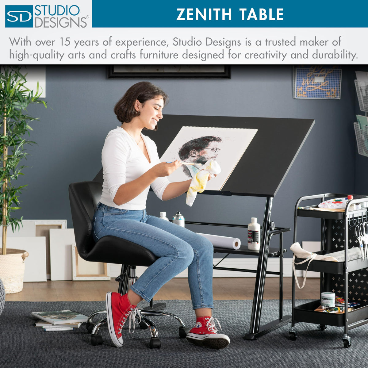 Studio Designs Zenith Drafting Light Table with Built-in ArtographÂ® LED Light Pad, Adjustable Height & Angle Glass Drafting Desk, Modern Artist Workstation for Drawing, Tracing, Drafting & Design