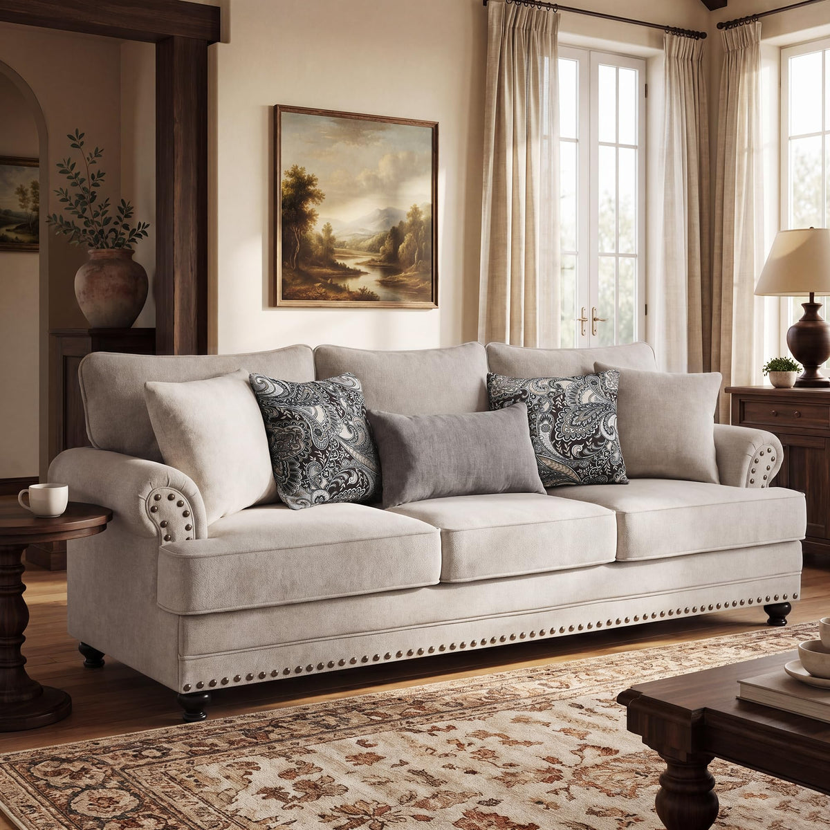 Modern Farmhouse Loveseat Sofa, Chenille Upholstery with Nailhead Trim, Small Couch for Living Room, Bedroom, Office, or Apartment, Includes 4 Accent Pillows