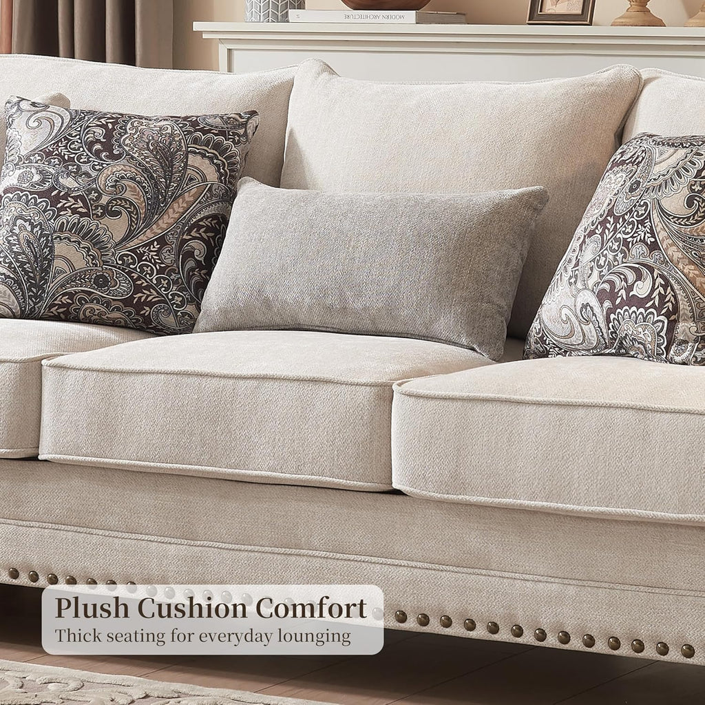 Modern Farmhouse Loveseat Sofa, Chenille Upholstery with Nailhead Trim, Small Couch for Living Room, Bedroom, Office, or Apartment, Includes 4 Accent Pillows