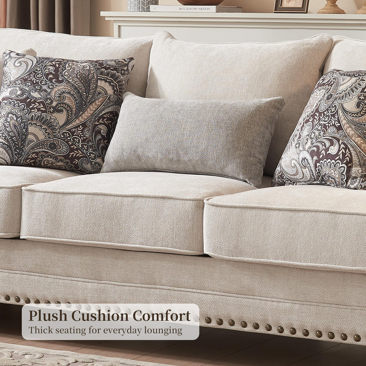 Modern Farmhouse Loveseat Sofa, Chenille Upholstery with Nailhead Trim, Small Couch for Living Room, Bedroom, Office, or Apartment, Includes 4 Accent Pillows