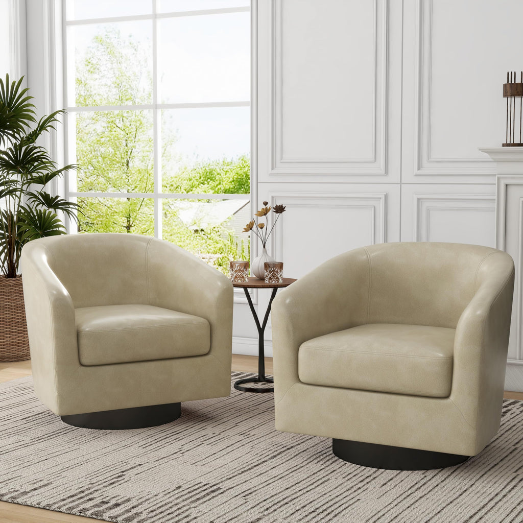 Faux Leather Swivel Accent Chairs Set of 2, Barrel Armchair, Brown