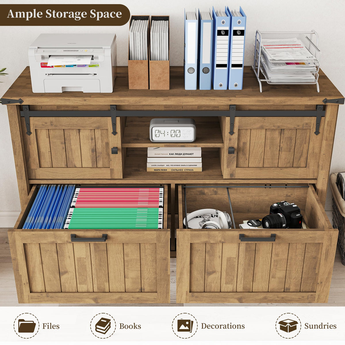 Farmhouse 3-Piece Home Office Set â 46" Wide 2-Drawer Lateral File Cabinet with Power Outlets & USB, Two 71" Tall 5-Tier Bookcases with Adjustable Shelves & Anti-Tip Kit, Black