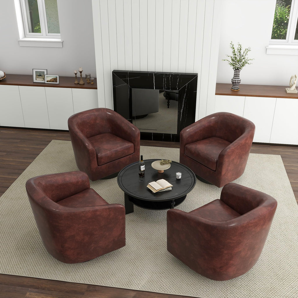 Faux Leather Swivel Accent Chairs Set of 2, Barrel Armchair, Brown