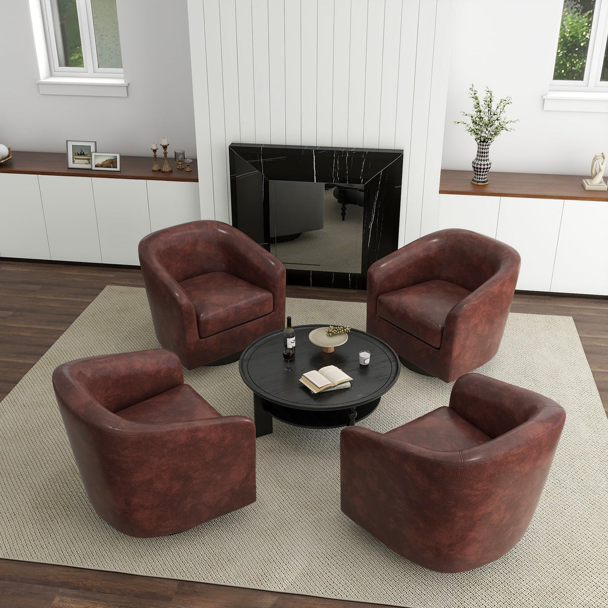 Faux Leather Swivel Accent Chairs Set of 2, Barrel Armchair, Brown