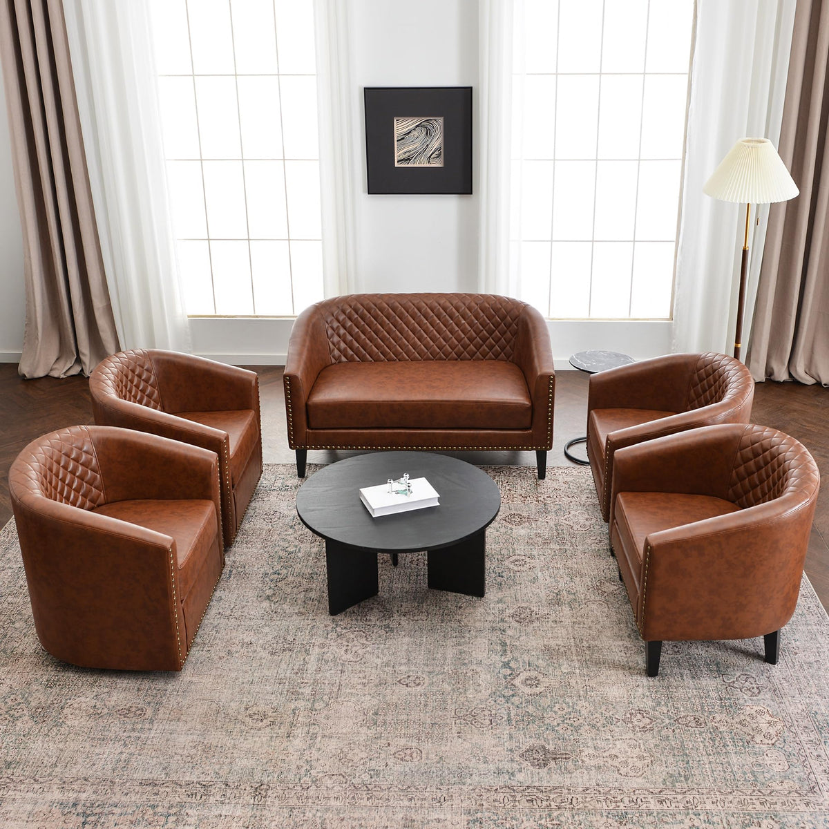 KINWELL 29" W Faux Leather Tufted PU Barrel Club Chairs Set of 2, Black