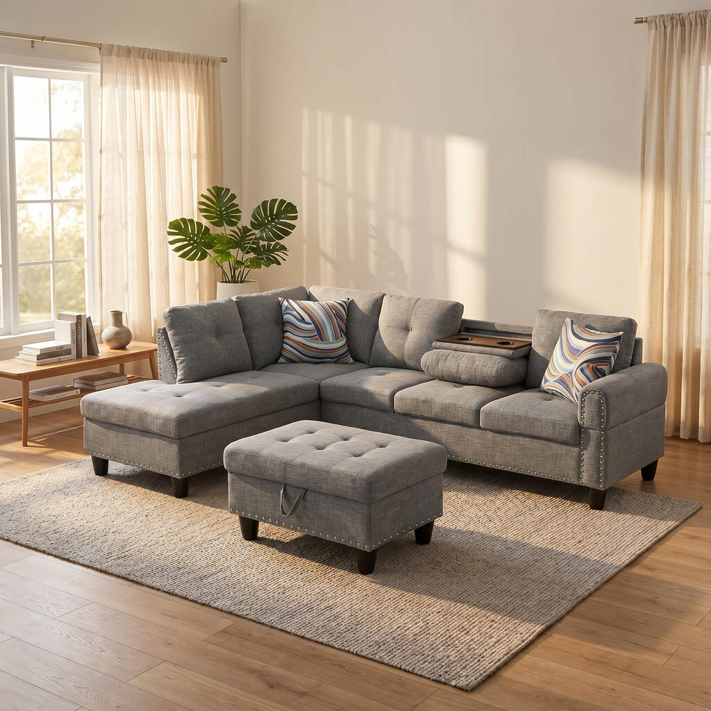 97.5" Leather L Shaped Couch with Left Chaise & Cup Holder, Sectional Sofas Modular Furniture Set with Storage Ottoman, Convertible Couches for Living Room, Office & Small Space (Black)