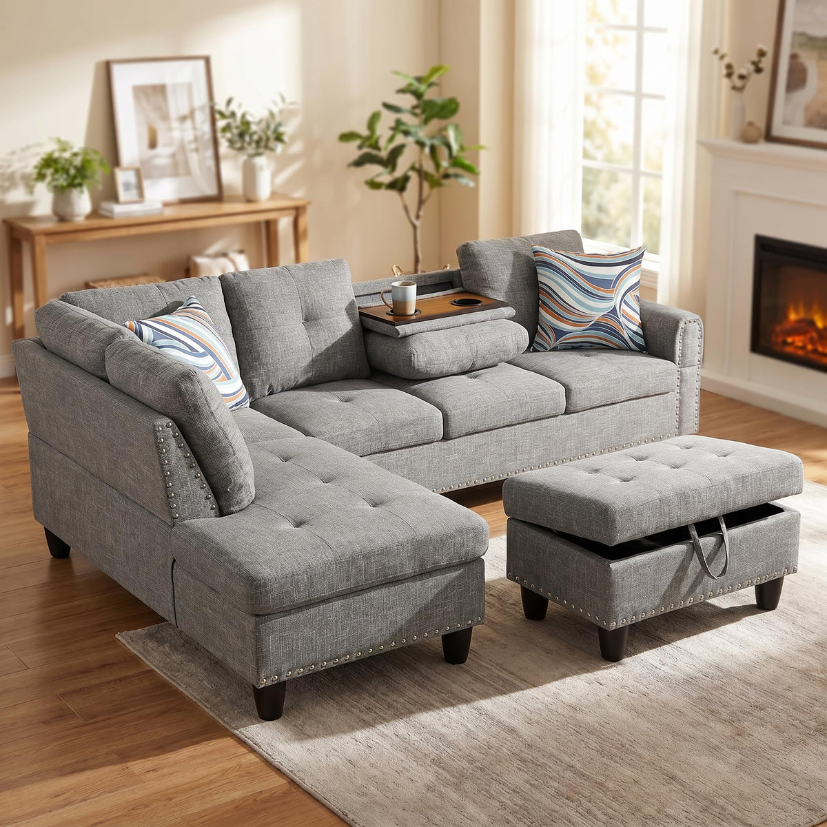 97.5" Leather L Shaped Couch with Left Chaise & Cup Holder, Sectional Sofas Modular Furniture Set with Storage Ottoman, Convertible Couches for Living Room, Office & Small Space (Black)