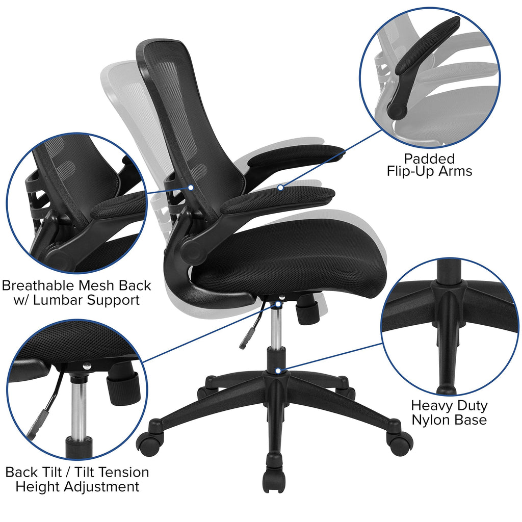 Flash Furniture Set of 4 Mid-Back Swivel Ergonomic Task Office Chairs with Flip-Up Arms, Black Mesh