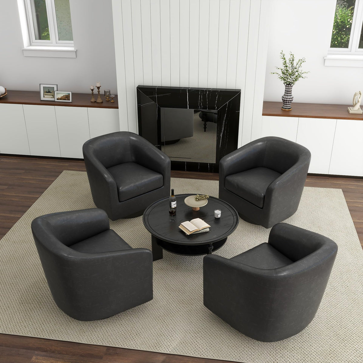 Faux Leather Swivel Accent Chairs Set of 2, Barrel Armchair, Brown