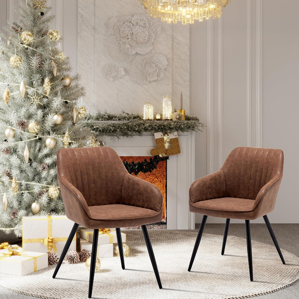 annjoe Faux Leather Accent Arm Chairs for Living Room Leisures/ Upholstered Chair with Metal Legs Set of 2 for Home Kitchen Office Bistro Cafe, Brown