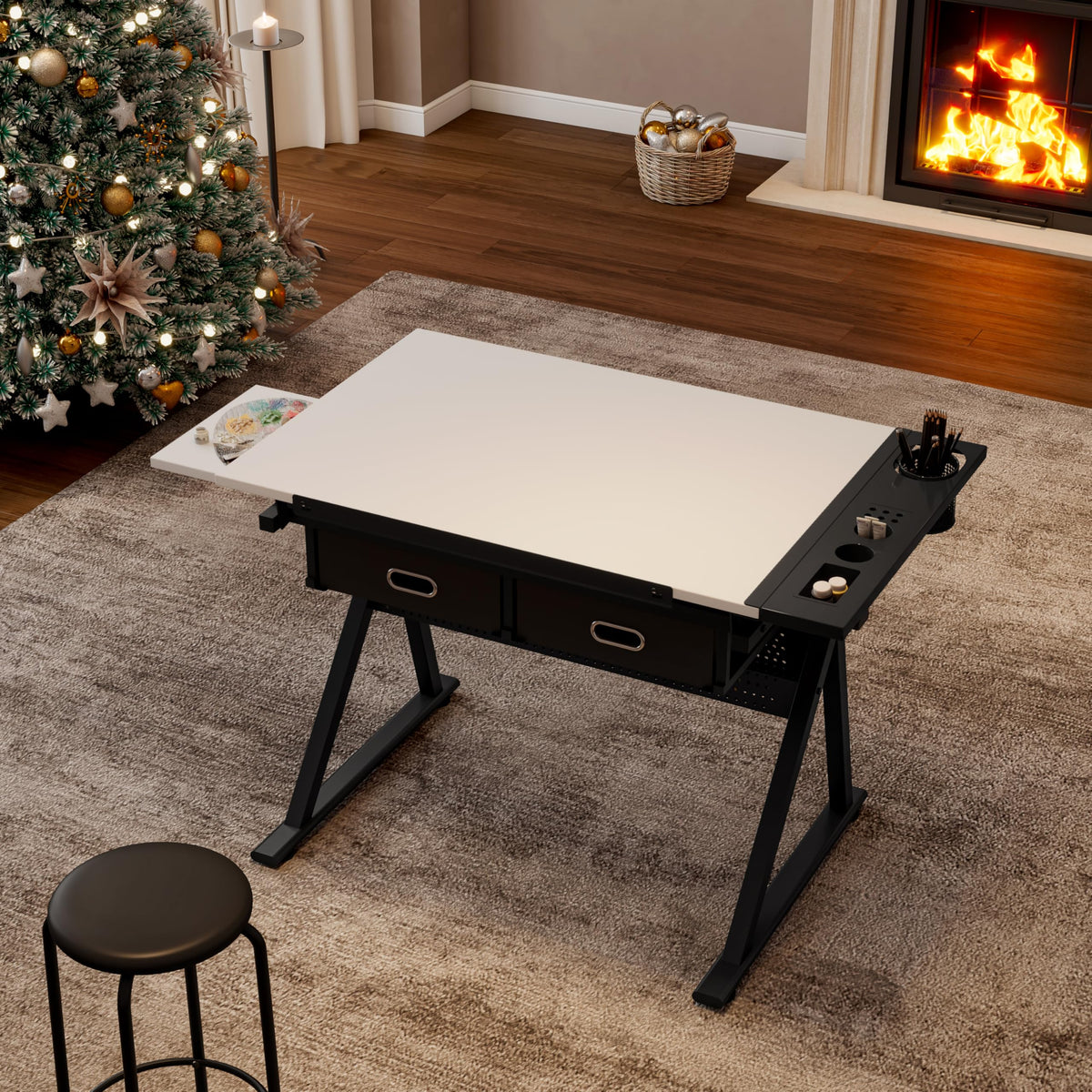 Adjustable Drafting Table with Stool, 0-75Â° Tilting Art Desk, White