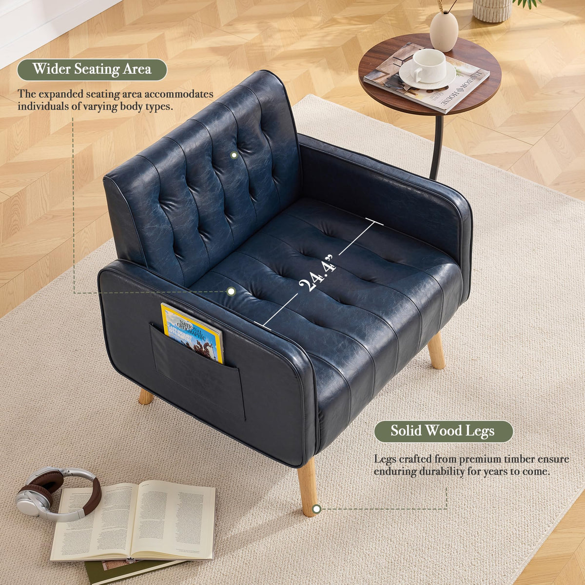 Leather Accent Chair Set of 2, Living Room Chair with Wooden Legs (Black)