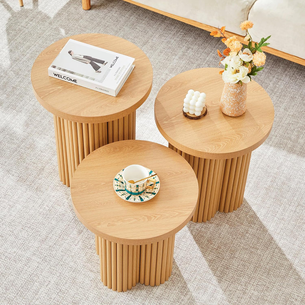 Round Nesting Coffee Table Set of 3 Fluted Coffee Table (Natural)