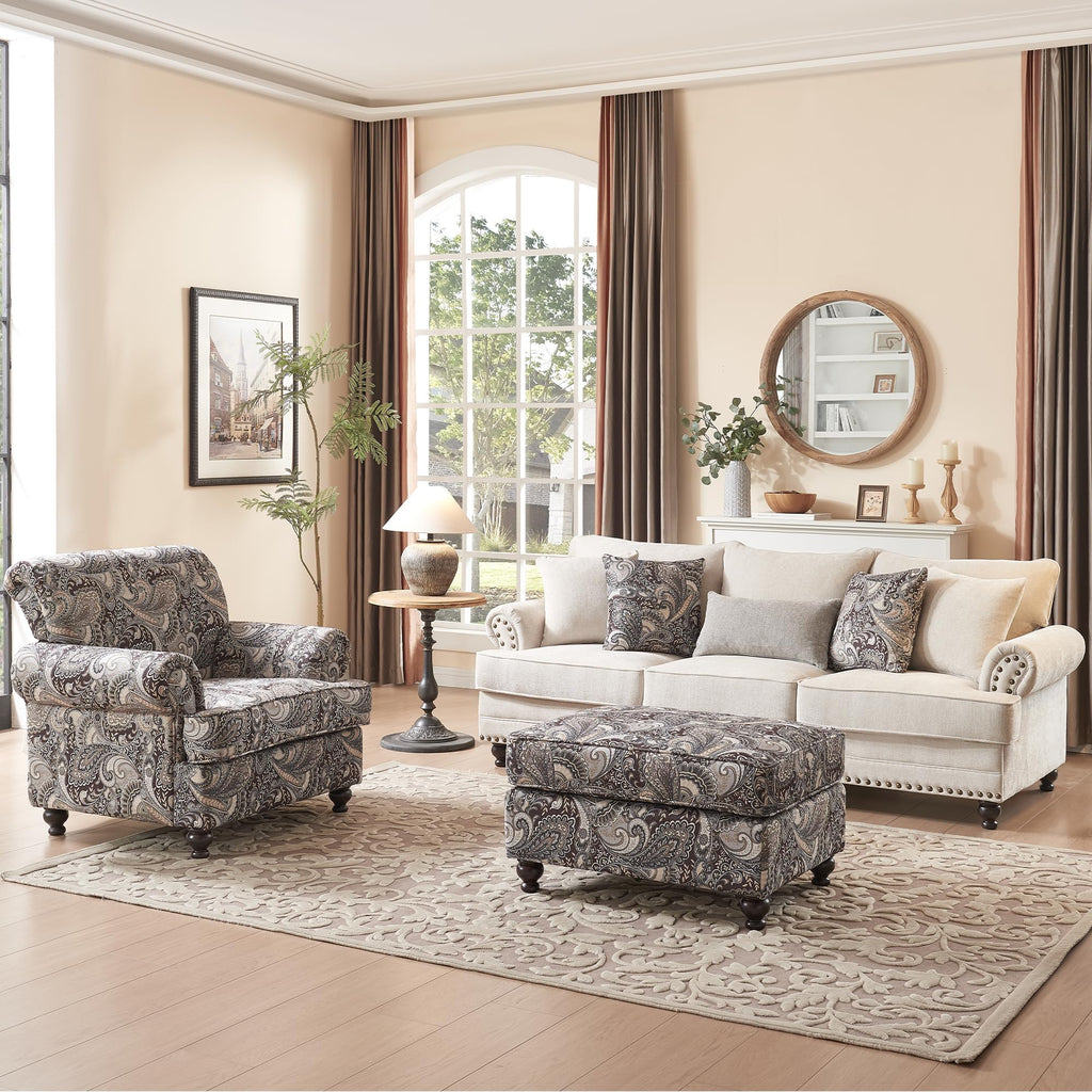 Modern Farmhouse Loveseat Sofa, Chenille Upholstery with Nailhead Trim, Small Couch for Living Room, Bedroom, Office, or Apartment, Includes 4 Accent Pillows