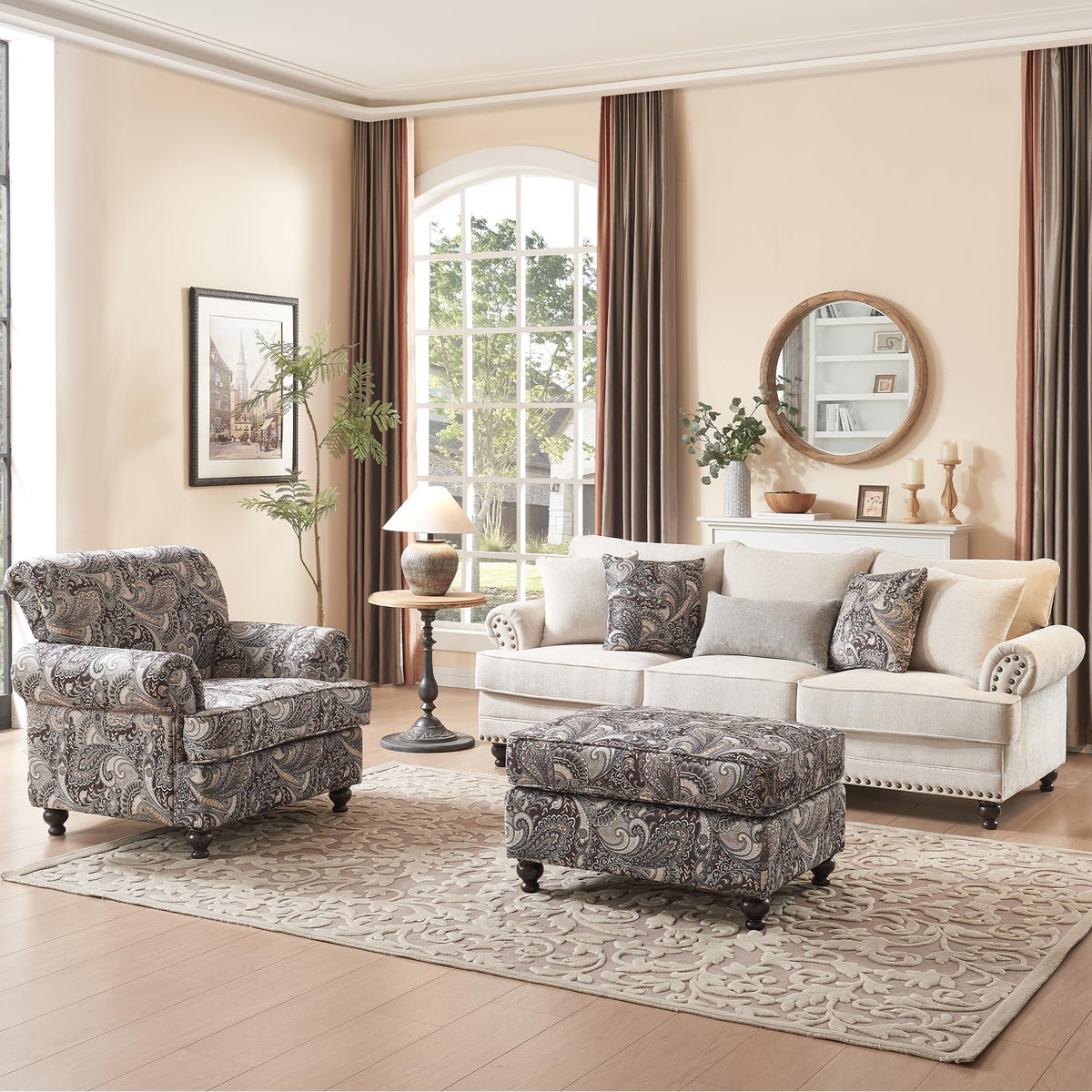 Modern Farmhouse Loveseat Sofa, Chenille Upholstery with Nailhead Trim, Small Couch for Living Room, Bedroom, Office, or Apartment, Includes 4 Accent Pillows