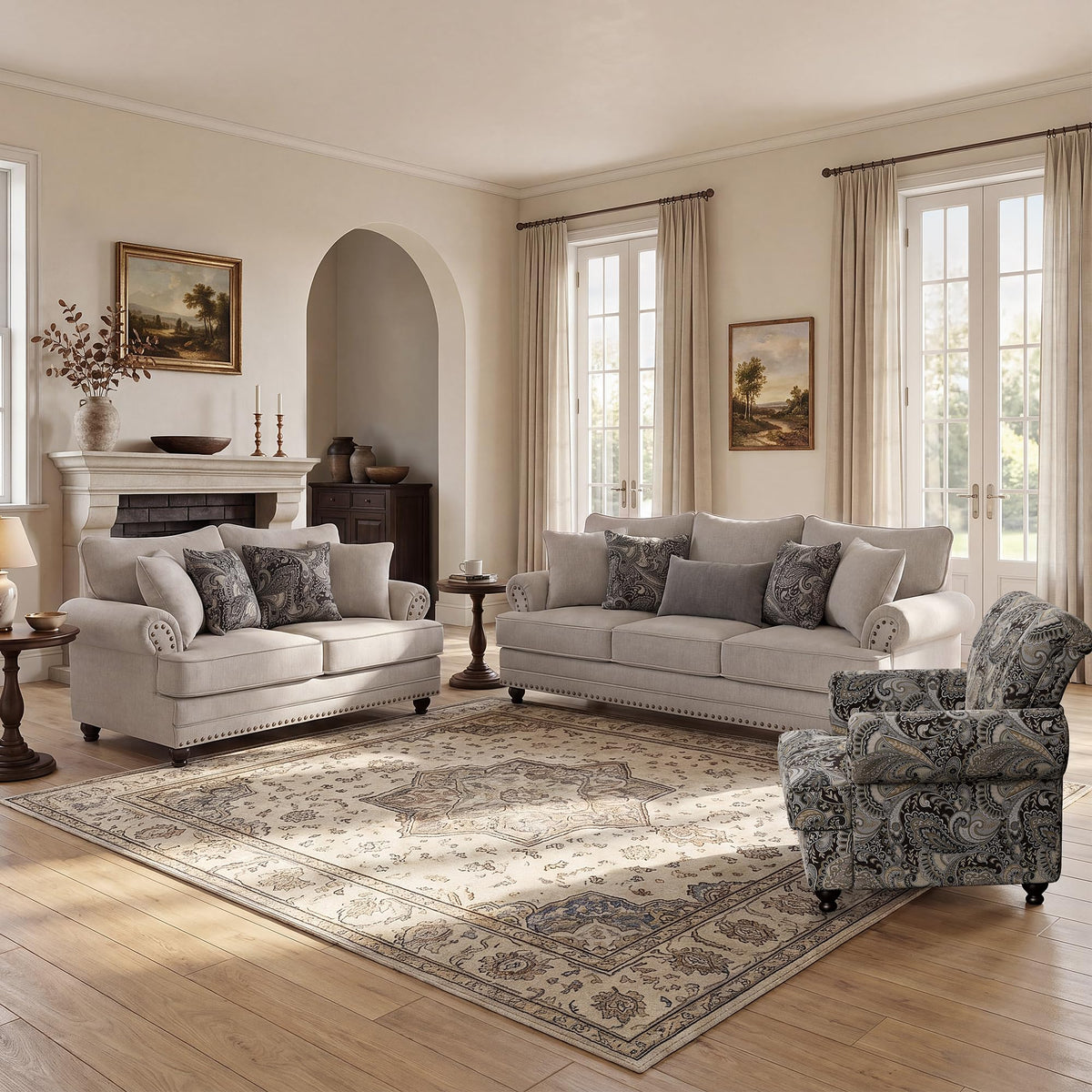 Modern Farmhouse Loveseat Sofa, Chenille Upholstery with Nailhead Trim, Small Couch for Living Room, Bedroom, Office, or Apartment, Includes 4 Accent Pillows