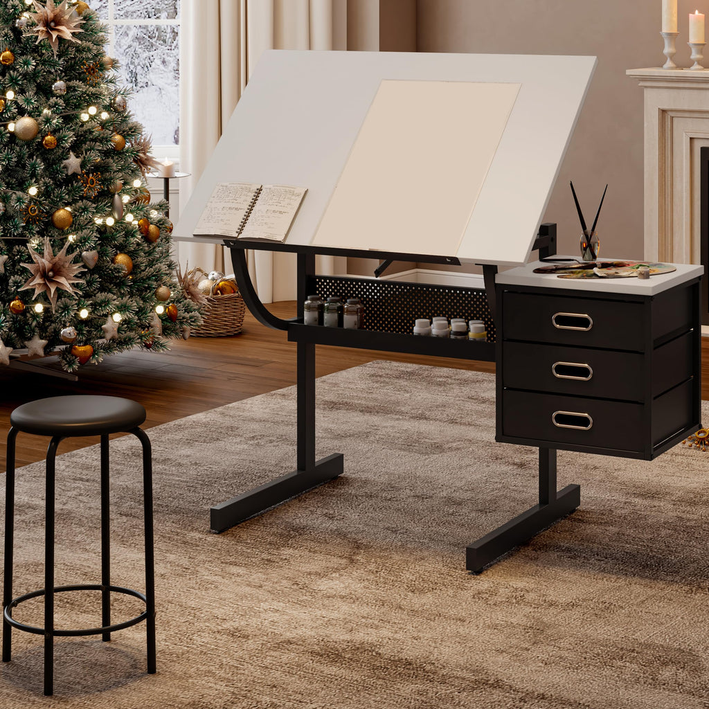 Adjustable Drafting Table with Stool, 0-75Â° Tilting Art Desk, White