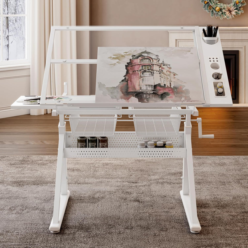Height Adjustable Drafting Art Table for Adults, White Tempered Glass Drafting Drawing Printing Table Desk with Stool, 0-75Â° Tilting Tabletop Art Drawing Table for Drawing,Hand Crank