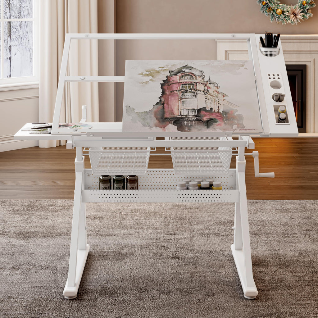 White Drafting Table with Stool, Height Adjustable Art Craft Desk with Tilting Tempered Glass Tabletop, Expansion Board, Multi-Storage, Drawing Table for Studio, Artists, Home Office, Painters, White