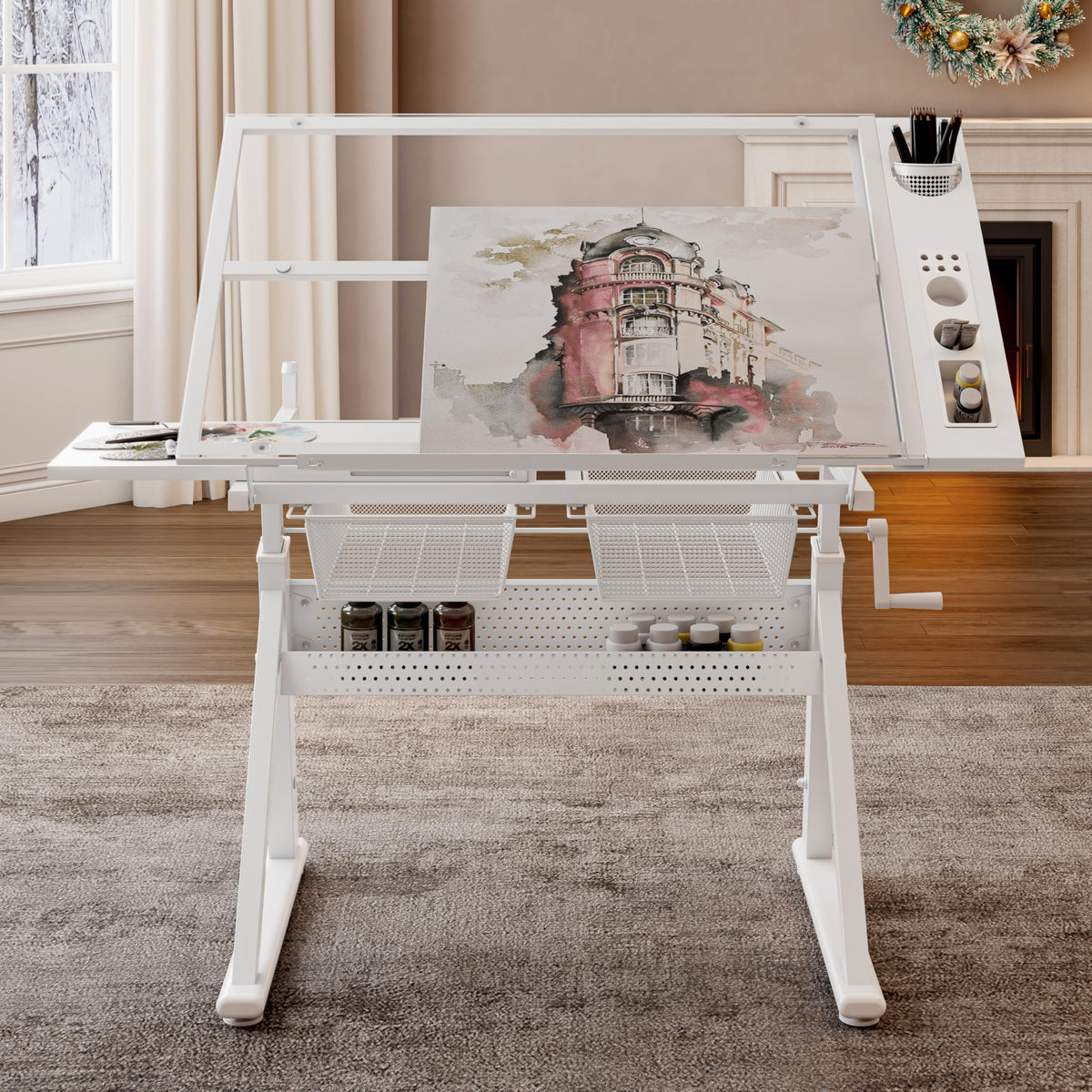 Drafting Table and Stool Set for Adults/Artists, Drawing Table with Adjustable Tabletop and Height, Art Workstation for Painters Crafting Reading Writing Home Office, All White