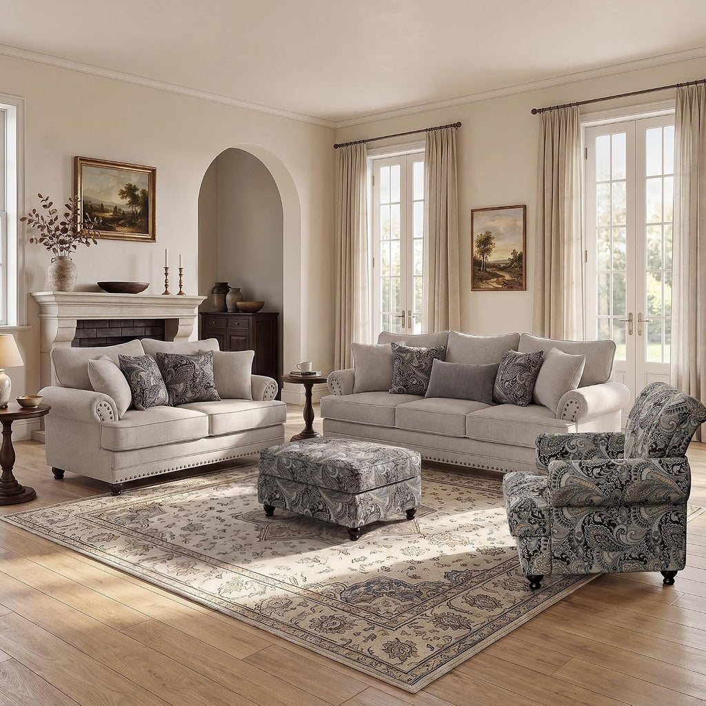 Modern Farmhouse Loveseat Sofa, Chenille Upholstery with Nailhead Trim, Small Couch for Living Room, Bedroom, Office, or Apartment, Includes 4 Accent Pillows