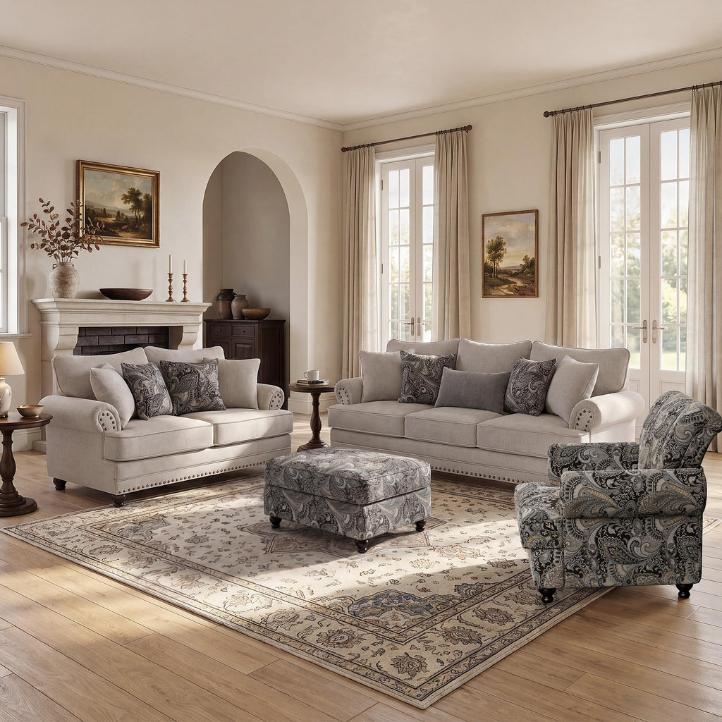 Modern Farmhouse Loveseat Sofa, Chenille Upholstery with Nailhead Trim, Small Couch for Living Room, Bedroom, Office, or Apartment, Includes 4 Accent Pillows