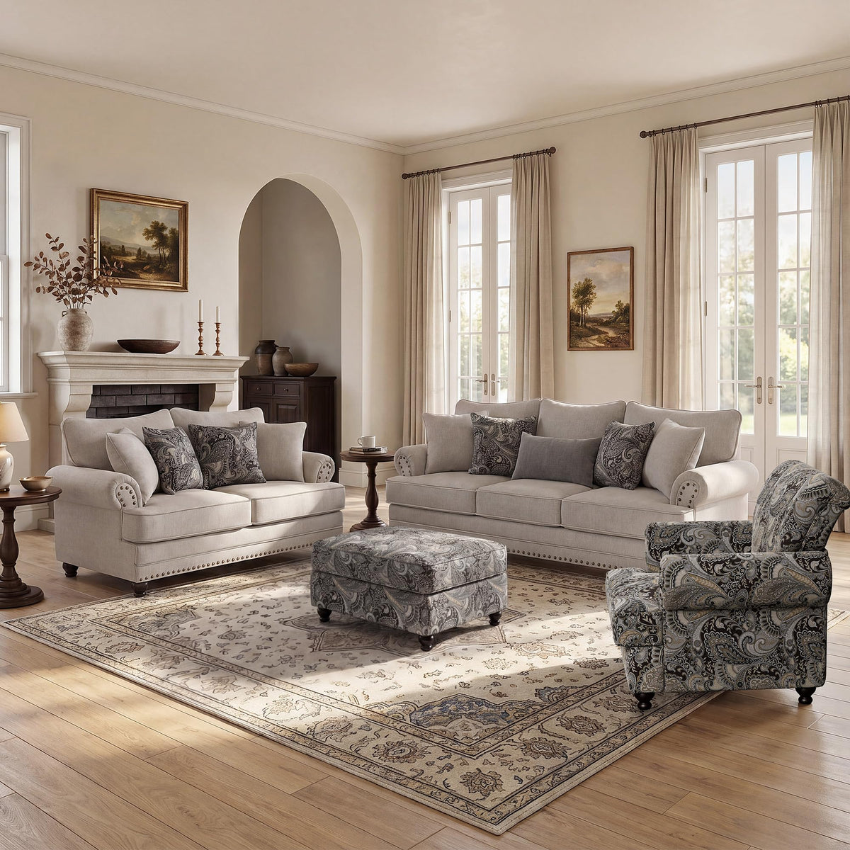 Modern Farmhouse Loveseat Sofa, Chenille Upholstery with Nailhead Trim, Small Couch for Living Room, Bedroom, Office, or Apartment, Includes 4 Accent Pillows