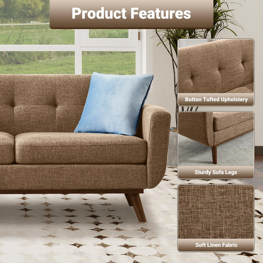 Kingfun 2 Piece Loveseat and Sofa Sets, Mid Century Modern Love Seat Couches for Living Room, Button Tufted Upholstered Furniture, Small Couch for Bedroom, Office, Beige