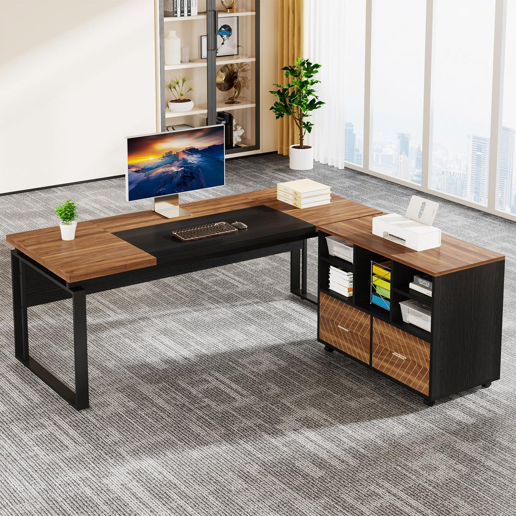 Tribesigns L-Shaped Executive Desk with Reversible File Cabinet, 63" Office Desk with Storage Drawers, Computer Desk Set (Oak Karo & White)