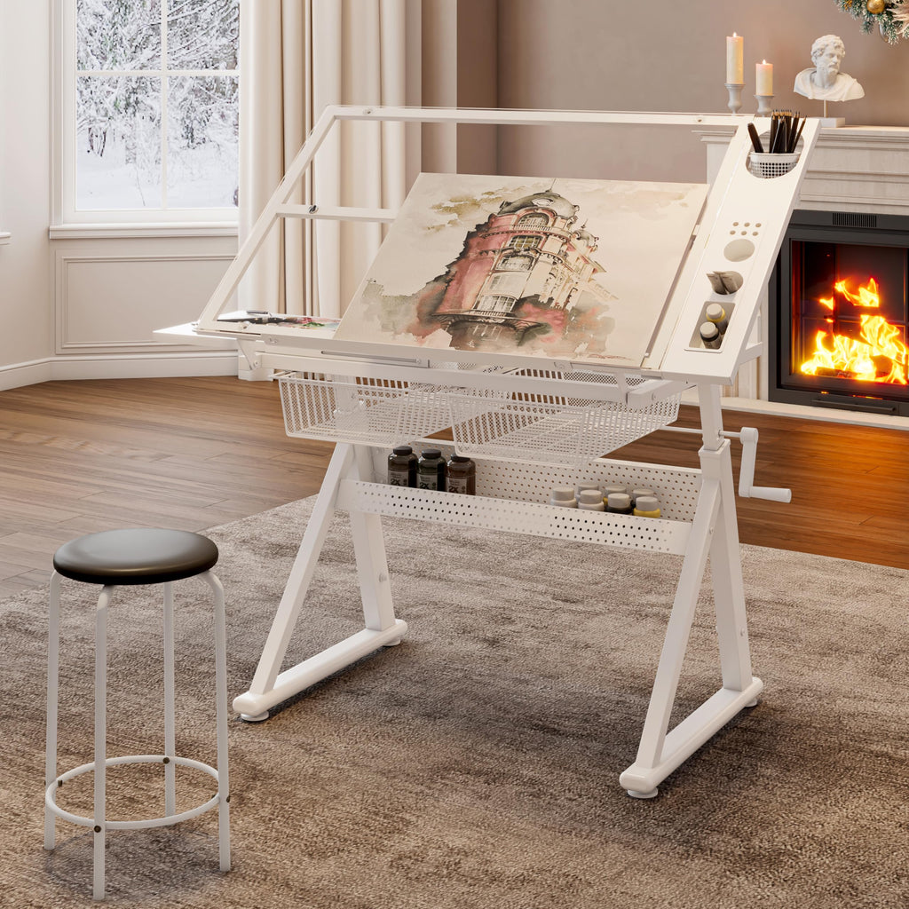Drafting Table with Storage and Stool, Glass Art Desk for Adults Adjustable Height with 2 Metal Drawers, Craft Drawing Table Artist Desk with Extra Desktop for Reading/Writing/Studying (Black)