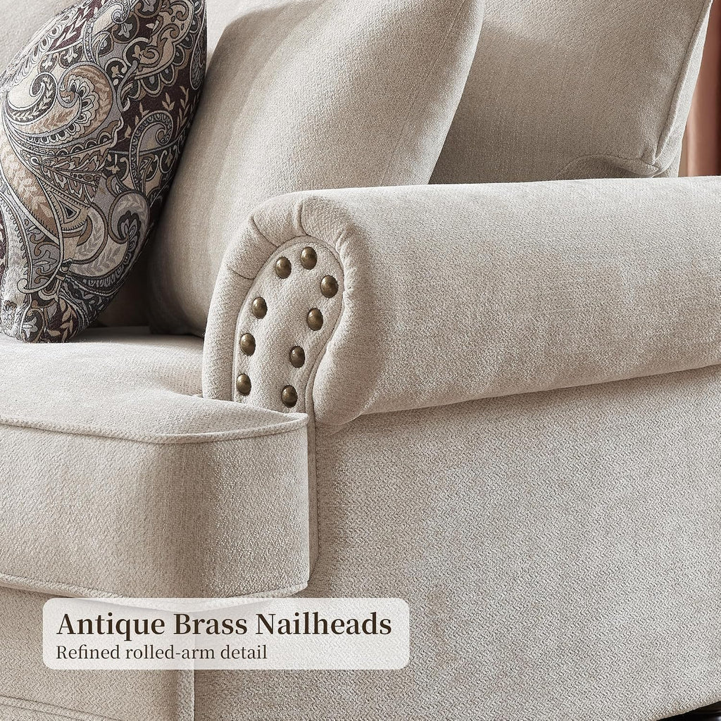 Modern Farmhouse Loveseat Sofa, Chenille Upholstery with Nailhead Trim, Small Couch for Living Room, Bedroom, Office, or Apartment, Includes 4 Accent Pillows