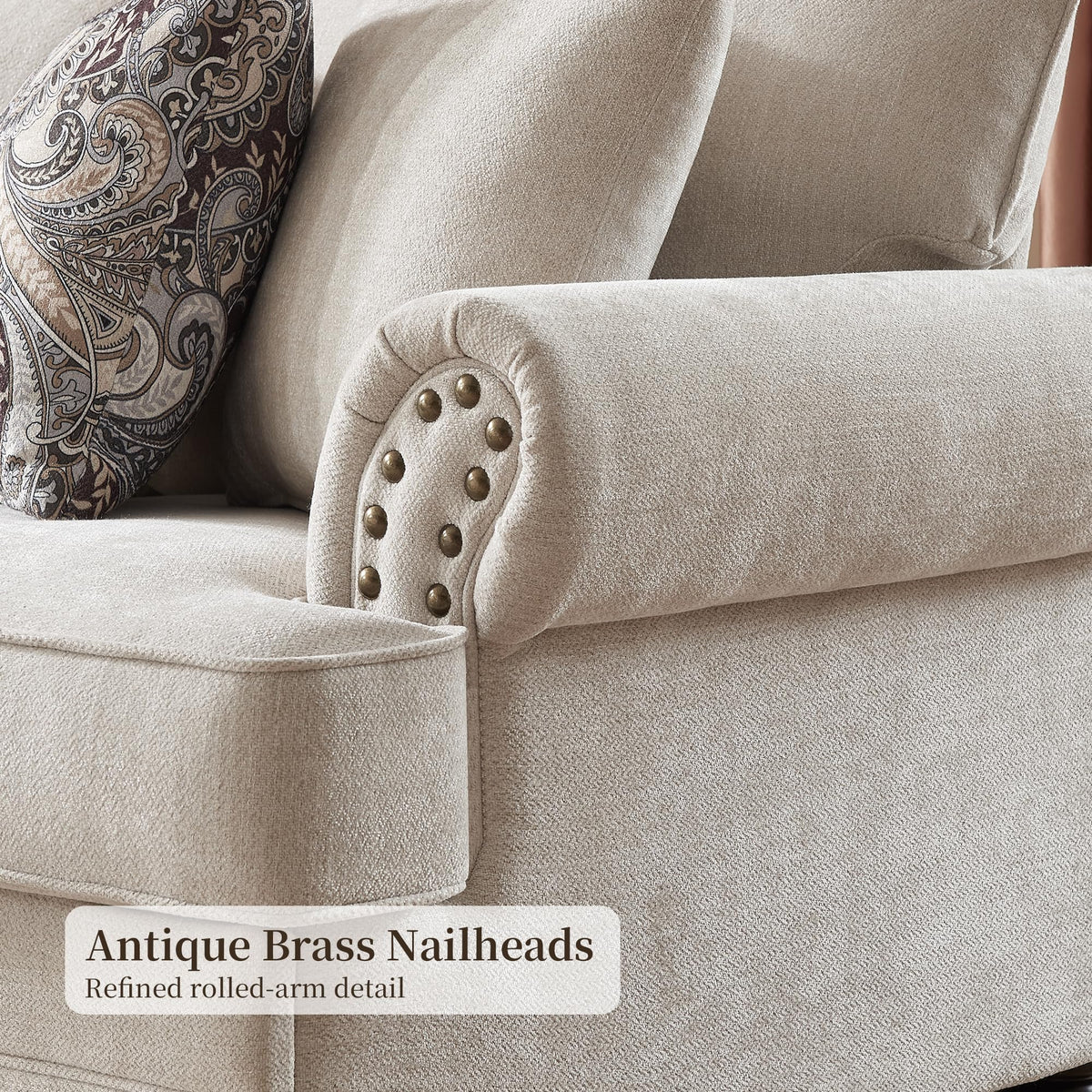 Modern Farmhouse Loveseat Sofa, Chenille Upholstery with Nailhead Trim, Small Couch for Living Room, Bedroom, Office, or Apartment, Includes 4 Accent Pillows