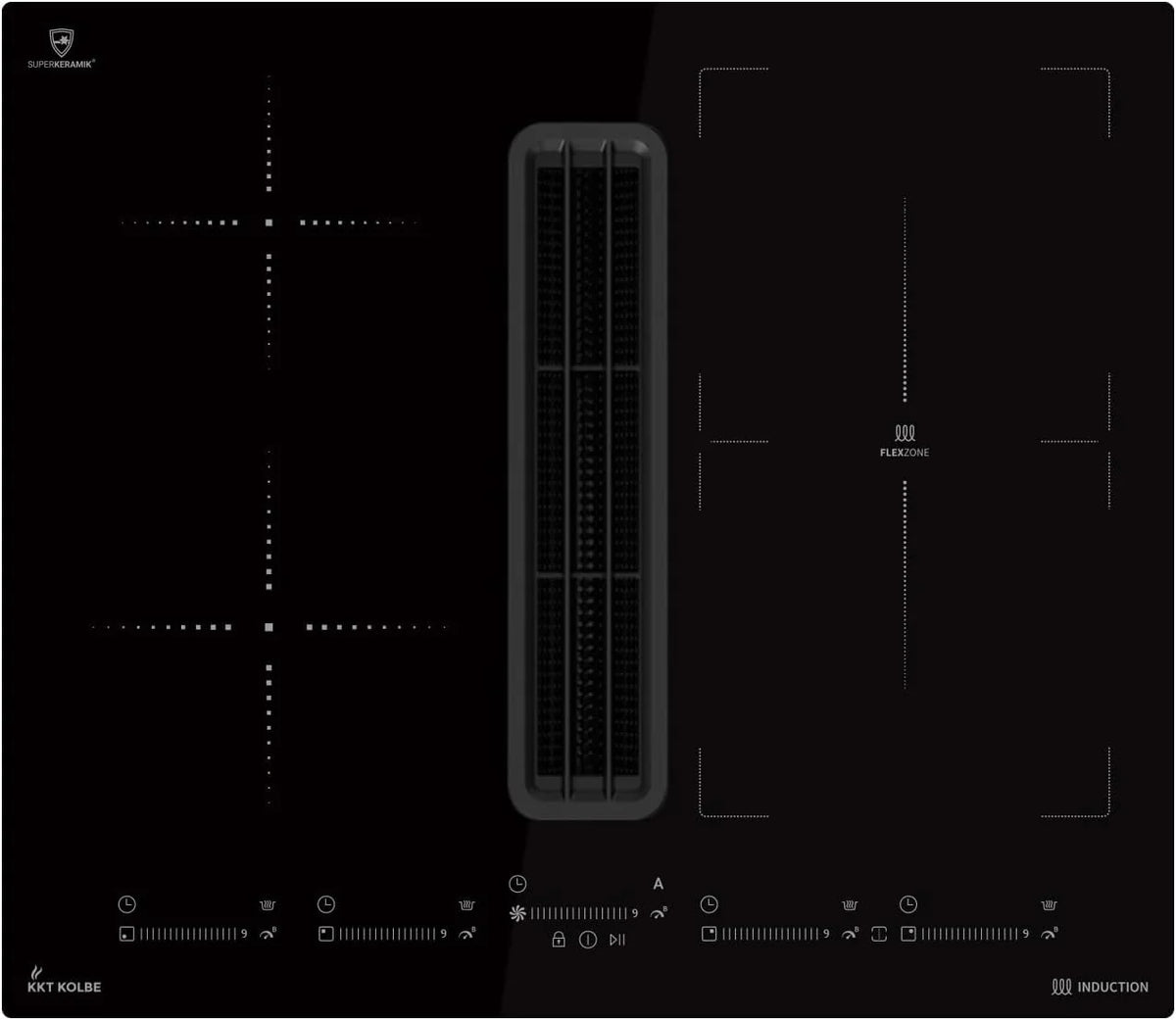 KKT KOLBE IND600DRAFT Inductiekookplaat met geïntegreerde afzuigkap, 638 cbm/h, 60 cm, inductiekookplaat, 7,4 kW, 4 zones, 9 niveaus, frameloos(IND600DRAFT/zwart)