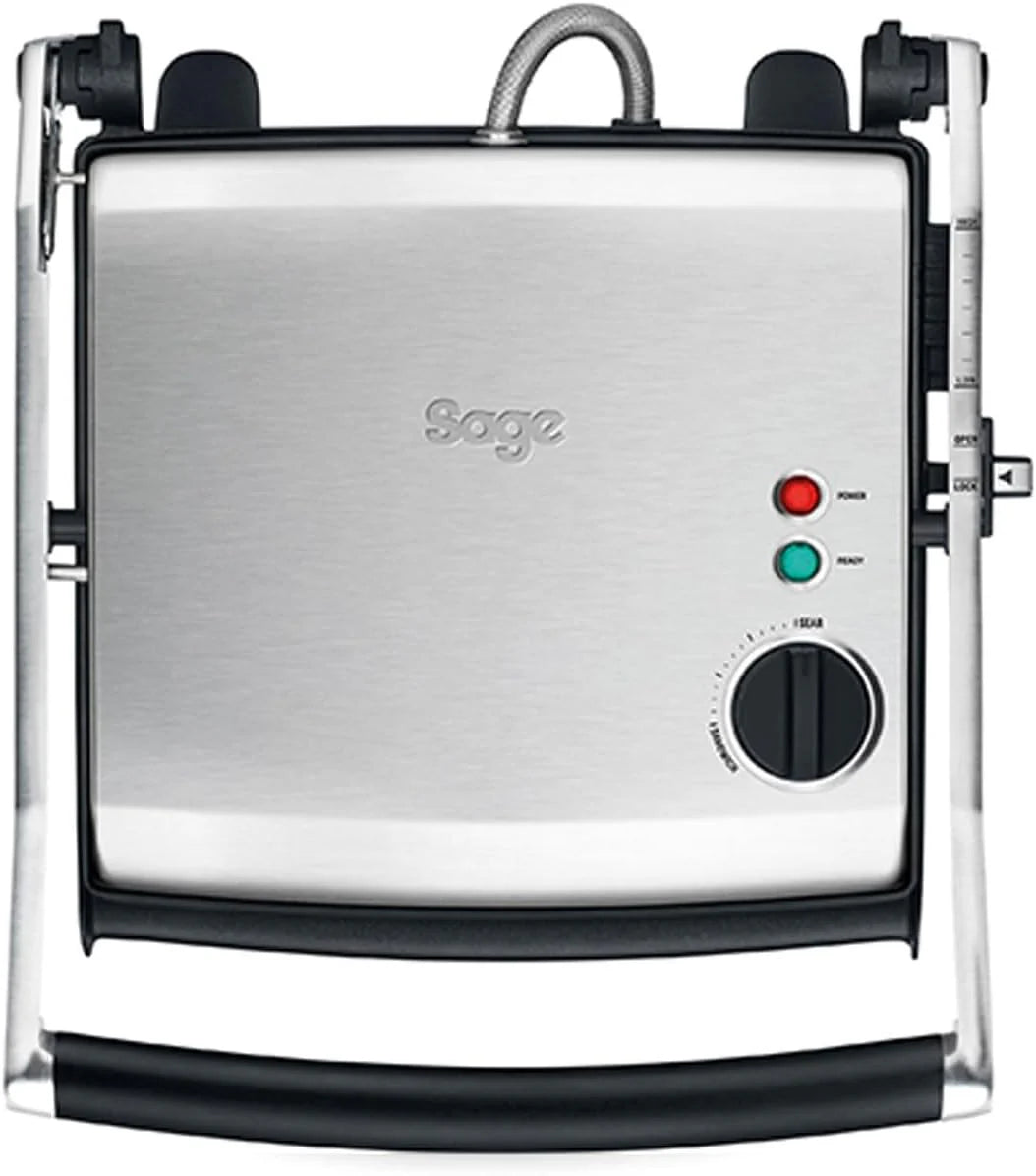 Sage - The Smart Grill Pro - Elektrische Grill voor BBQ - Geborsteld Roestvrij Staal(Met anti-aanbak-grillplaten, geribbeld boven en onder, zwevend scharnier, uitneembare lekbak)